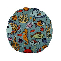 Cartoon Underwater Seamless Pattern With Crab Fish Seahorse Coral Marine Elements Standard 15  Premium Round Cushions