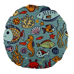 Cartoon Underwater Seamless Pattern With Crab Fish Seahorse Coral Marine Elements Large 18  Premium Round Cushions