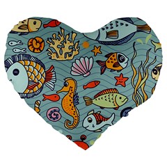 Cartoon Underwater Seamless Pattern With Crab Fish Seahorse Coral Marine Elements Large 19  Premium Heart Shape Cushions