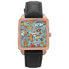 Cartoon Underwater Seamless Pattern With Crab Fish Seahorse Coral Marine Elements Rose Gold Leather Watch 