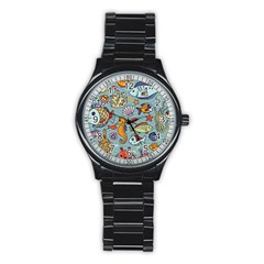 Cartoon Underwater Seamless Pattern With Crab Fish Seahorse Coral Marine Elements Stainless Steel Round Watch