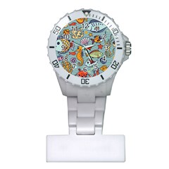 Cartoon Underwater Seamless Pattern With Crab Fish Seahorse Coral Marine Elements Plastic Nurses Watch