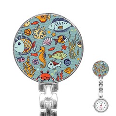 Cartoon Underwater Seamless Pattern With Crab Fish Seahorse Coral Marine Elements Stainless Steel Nurses Watch