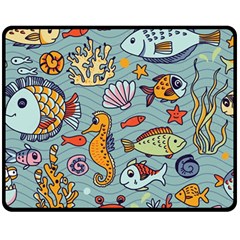 Cartoon Underwater Seamless Pattern With Crab Fish Seahorse Coral Marine Elements Two Sides Fleece Blanket (Medium)