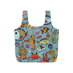 Cartoon Underwater Seamless Pattern With Crab Fish Seahorse Coral Marine Elements Full Print Recycle Bag (S)