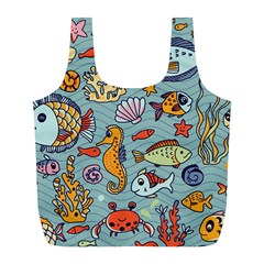 Cartoon Underwater Seamless Pattern With Crab Fish Seahorse Coral Marine Elements Full Print Recycle Bag (L)