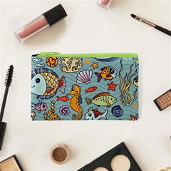 Cartoon Underwater Seamless Pattern With Crab Fish Seahorse Coral Marine Elements Cosmetic Bag (XS)