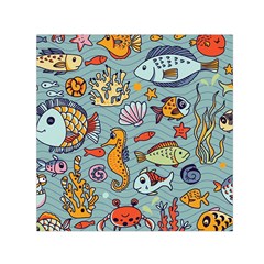 Cartoon Underwater Seamless Pattern With Crab Fish Seahorse Coral Marine Elements Square Satin Scarf (30  x 30 )