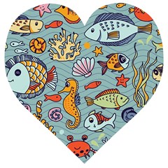 Cartoon Underwater Seamless Pattern With Crab Fish Seahorse Coral Marine Elements Wooden Puzzle Heart