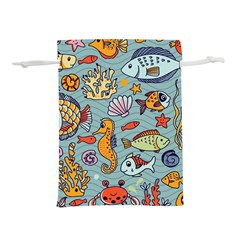 Cartoon Underwater Seamless Pattern With Crab Fish Seahorse Coral Marine Elements Lightweight Drawstring Pouch (S)