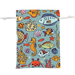 Cartoon Underwater Seamless Pattern With Crab Fish Seahorse Coral Marine Elements Lightweight Drawstring Pouch (XL)