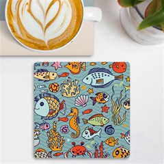 Cartoon Underwater Seamless Pattern With Crab Fish Seahorse Coral Marine Elements UV Print Square Tile Coaster 