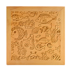 Cartoon Underwater Seamless Pattern With Crab Fish Seahorse Coral Marine Elements Wood Photo Frame Cube