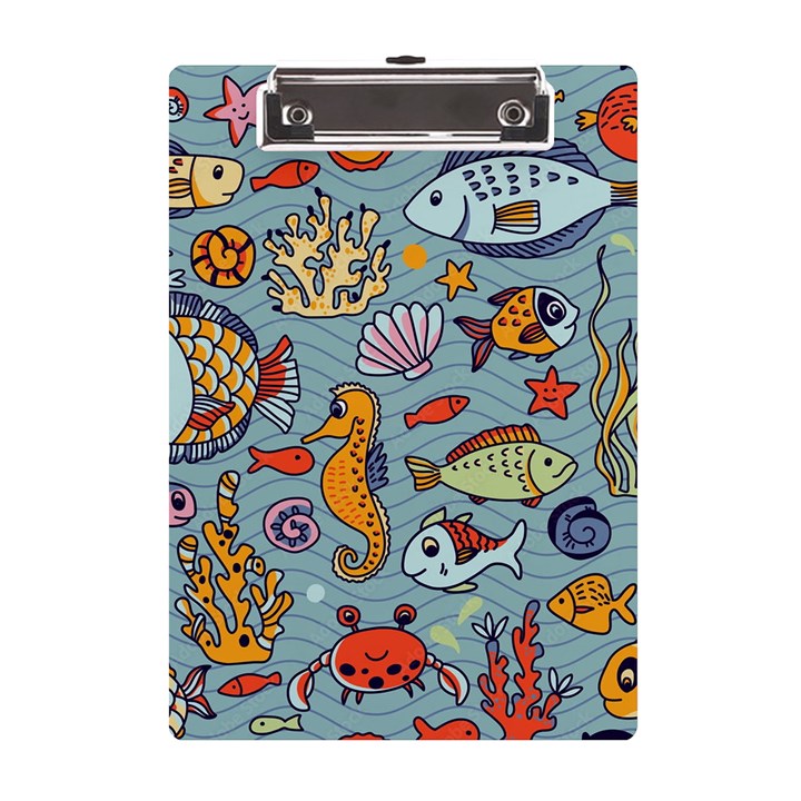 Cartoon Underwater Seamless Pattern With Crab Fish Seahorse Coral Marine Elements A5 Acrylic Clipboard