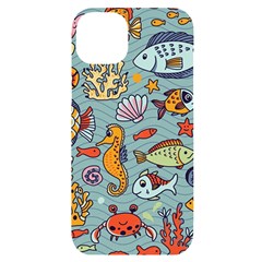 Cartoon Underwater Seamless Pattern With Crab Fish Seahorse Coral Marine Elements iPhone 14 Plus Black UV Print Case