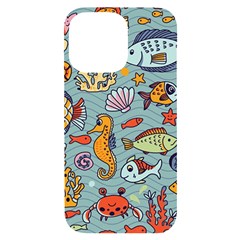 Cartoon Underwater Seamless Pattern With Crab Fish Seahorse Coral Marine Elements iPhone 14 Pro Max Black UV Print Case