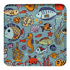 Cartoon Underwater Seamless Pattern With Crab Fish Seahorse Coral Marine Elements Square Glass Fridge Magnet (4 pack)