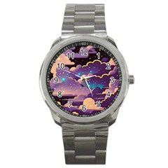 Fluffy Clouds Night Sky Sport Metal Watch by uniart180623