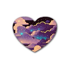 Fluffy Clouds Night Sky Rubber Heart Coaster (4 Pack) by uniart180623