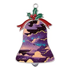 Fluffy Clouds Night Sky Metal Holly Leaf Bell Ornament