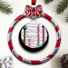 Poles Wires Metal Red Ribbon Round Ornament by uniart180623