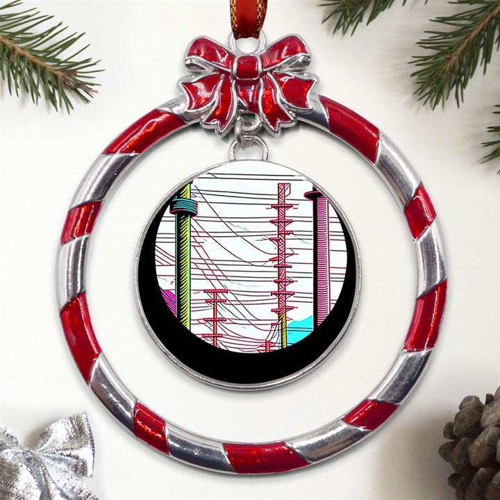 Poles Wires Metal Red Ribbon Round Ornament