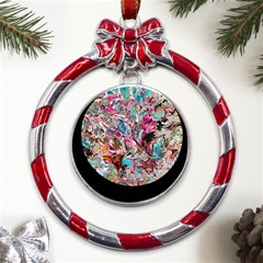 Pink Petals Blend Metal Red Ribbon Round Ornament by kaleidomarblingart