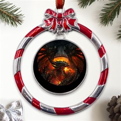 Dragon Art Fire Digital Fantasy Metal Red Ribbon Round Ornament