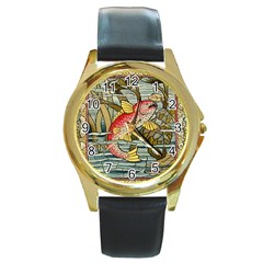 Fish Underwater Cubism Mosaic Round Gold Metal Watch by Bedest