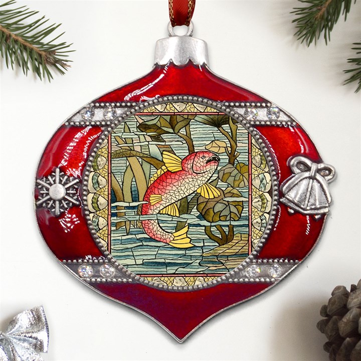 Fish underwater cubism mosaic Metal Snowflake And Bell Red Ornament