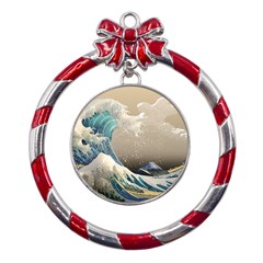 Japanese Wave Metal Red Ribbon Round Ornament by Cowasu