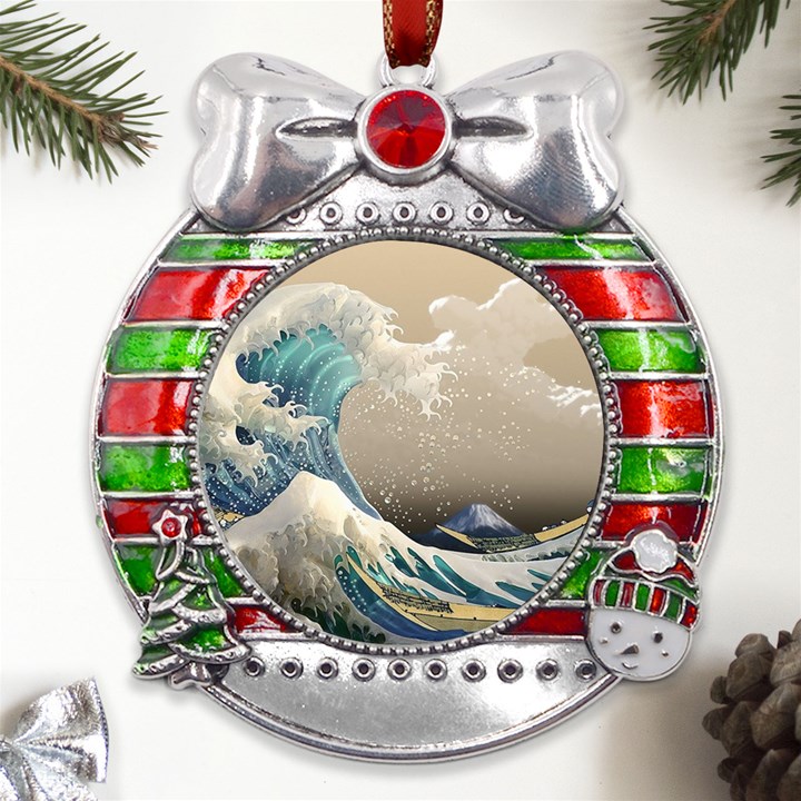 Japanese Wave Metal X Mas Ribbon With Red Crystal Round Ornament