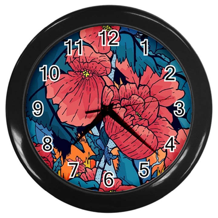 Flower Classic Japanese Art Wall Clock (Black)