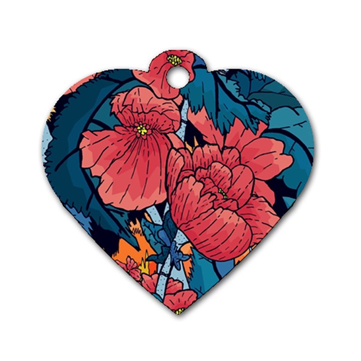 Flower Classic Japanese Art Dog Tag Heart (Two Sides)