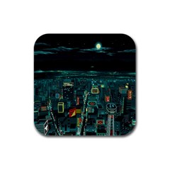 Night Black City Neon Sky Stars Moon Abstract Rubber Square Coaster (4 Pack) by Cowasu