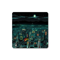 Night Black City Neon Sky Stars Moon Abstract Square Magnet by Cowasu