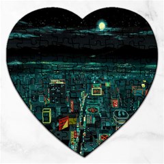 Night Black City Neon Sky Stars Moon Abstract Jigsaw Puzzle (heart) by Cowasu