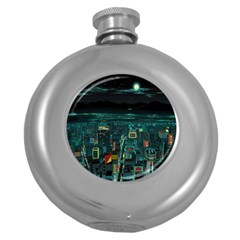 Night Black City Neon Sky Stars Moon Abstract Round Hip Flask (5 Oz) by Cowasu