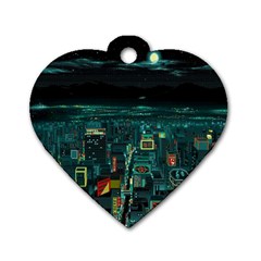 Night Black City Neon Sky Stars Moon Abstract Dog Tag Heart (two Sides) by Cowasu