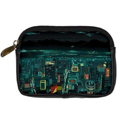 Night Black City Neon Sky Stars Moon Abstract Digital Camera Leather Case by Cowasu