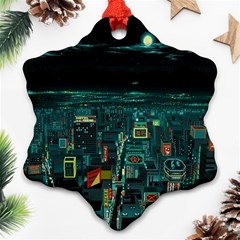 Night Black City Neon Sky Stars Moon Abstract Ornament (snowflake) by Cowasu