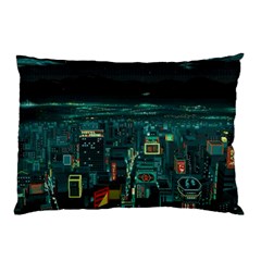 Night Black City Neon Sky Stars Moon Abstract Pillow Case (two Sides) by Cowasu