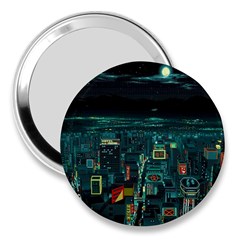 Night Black City Neon Sky Stars Moon Abstract 3  Handbag Mirrors by Cowasu