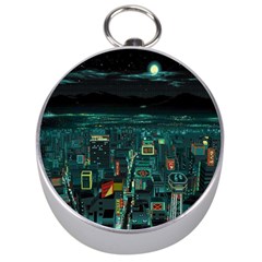 Night Black City Neon Sky Stars Moon Abstract Silver Compasses by Cowasu