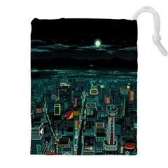 Night Black City Neon Sky Stars Moon Abstract Drawstring Pouch (5xl) by Cowasu