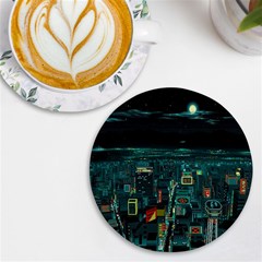 Night Black City Neon Sky Stars Moon Abstract Uv Print Round Tile Coaster by Cowasu