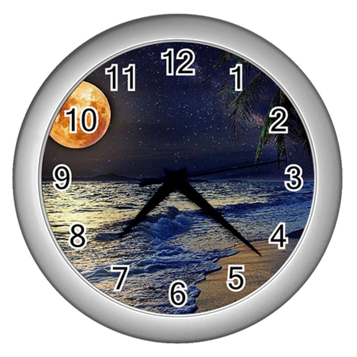 Beautiful Moon Nigh Sky Stars Wall Clock (Silver)