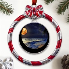 Beautiful Moon Nigh Sky Stars Metal Red Ribbon Round Ornament by Cowasu