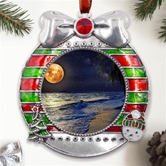 Beautiful Moon Nigh Sky Stars Metal X mas Ribbon With Red Crystal Round Ornament by Cowasu