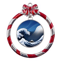 The Great Wave Off Kanagawa Metal Red Ribbon Round Ornament by pakminggu